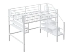 Cama alta em metal 140x200 cm - com prateleira e escada de arrumação - Branco