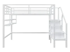 Cama alta em metal 140x200 cm - com prateleira e escada de arrumação - Branco