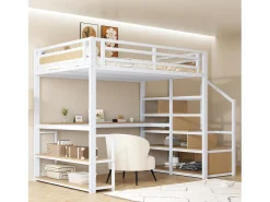 Cama alta em metal 140x200 cm - com escada de arrumação e secretária - Branco
