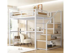 Cama alta em metal 140x200 cm - com escada de arrumação e secretária - Branco
