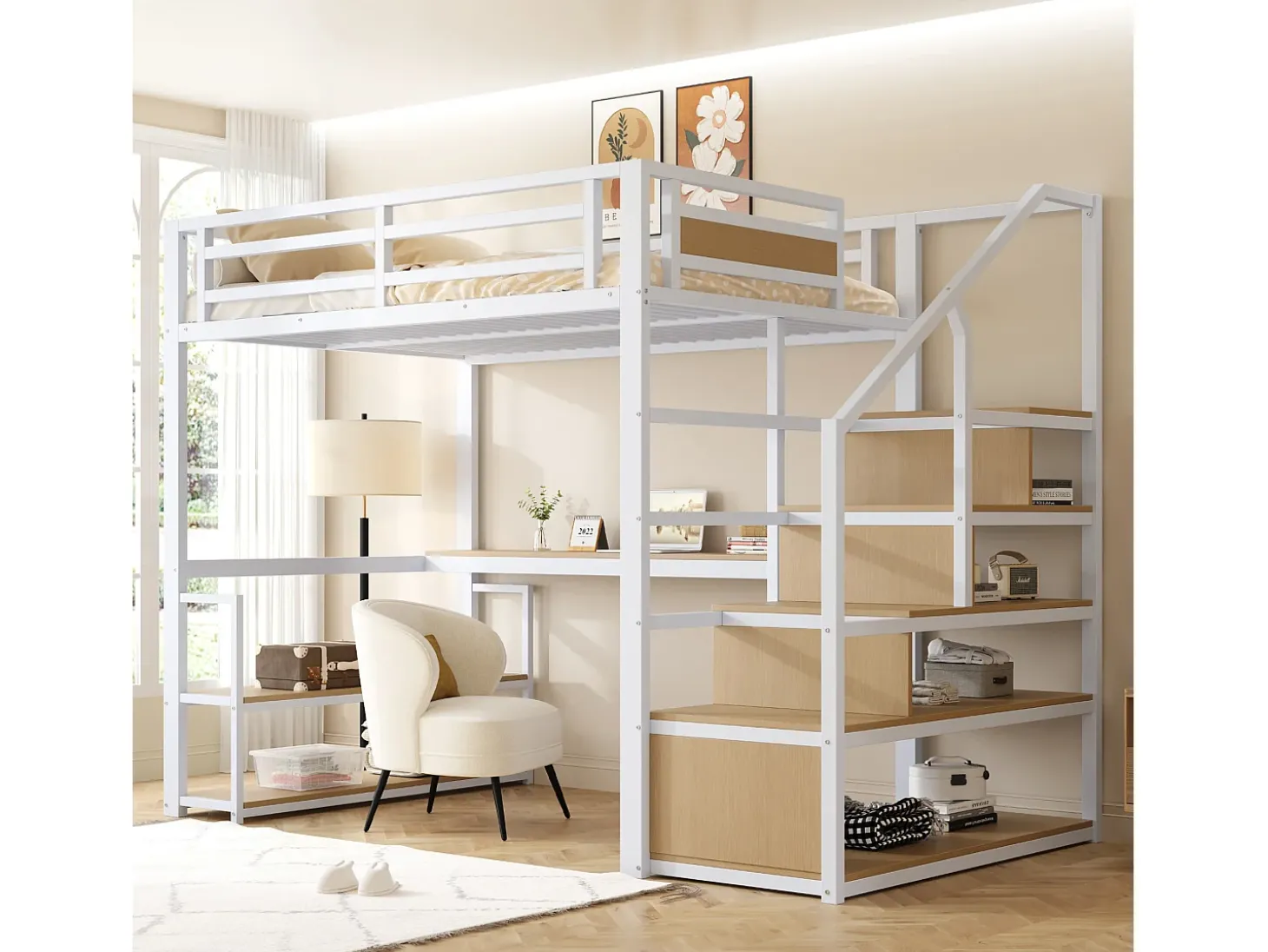 Cama alta em metal 140x200 cm - com escada de arrumação e secretária - Branco