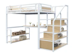 Cama alta em metal 140x200 cm - com escada de arrumação e secretária - Branco