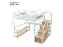 Cama alta em metal 140x200 cm - com escada de arrumação e secretária - Branco