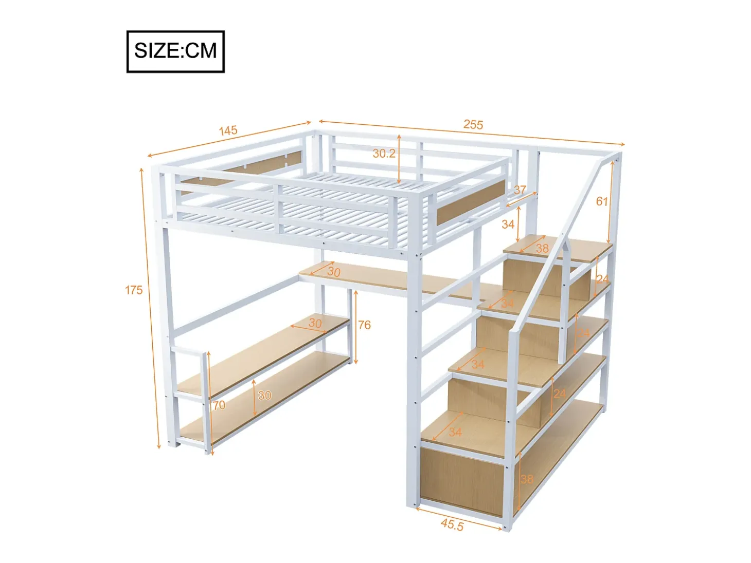 Cama alta em metal 140x200 cm - com escada de arrumação e secretária - Branco