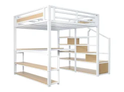 Cama alta em metal 140x200 cm - com escada de arrumação e secretária - Branco