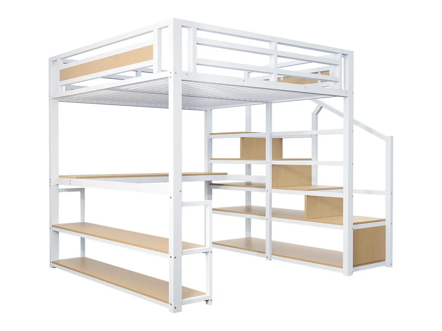 Cama alta em metal 140x200 cm - com escada de arrumação e secretária - Branco