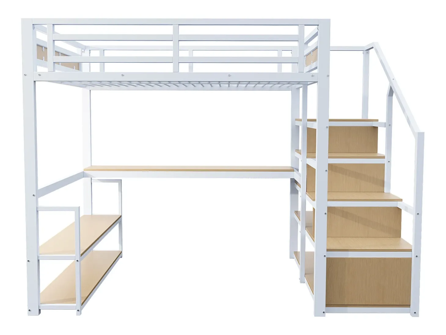 Cama alta em metal 140x200 cm - com escada de arrumação e secretária - Branco