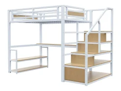 Cama alta em metal 140x200 cm - com escada de arrumação e secretária - Branco