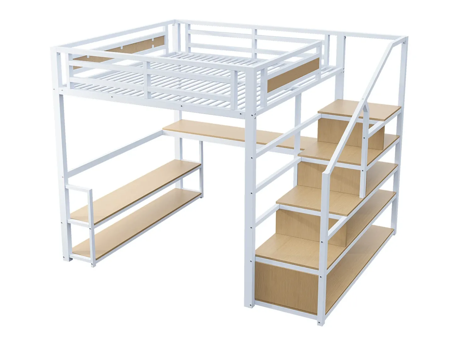 Cama alta em metal 140x200 cm - com escada de arrumação e secretária - Branco