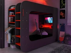Cama alta gamer 90 x 200 cm com secretária LEDs antracite e vermelho com colchão WARRIOR