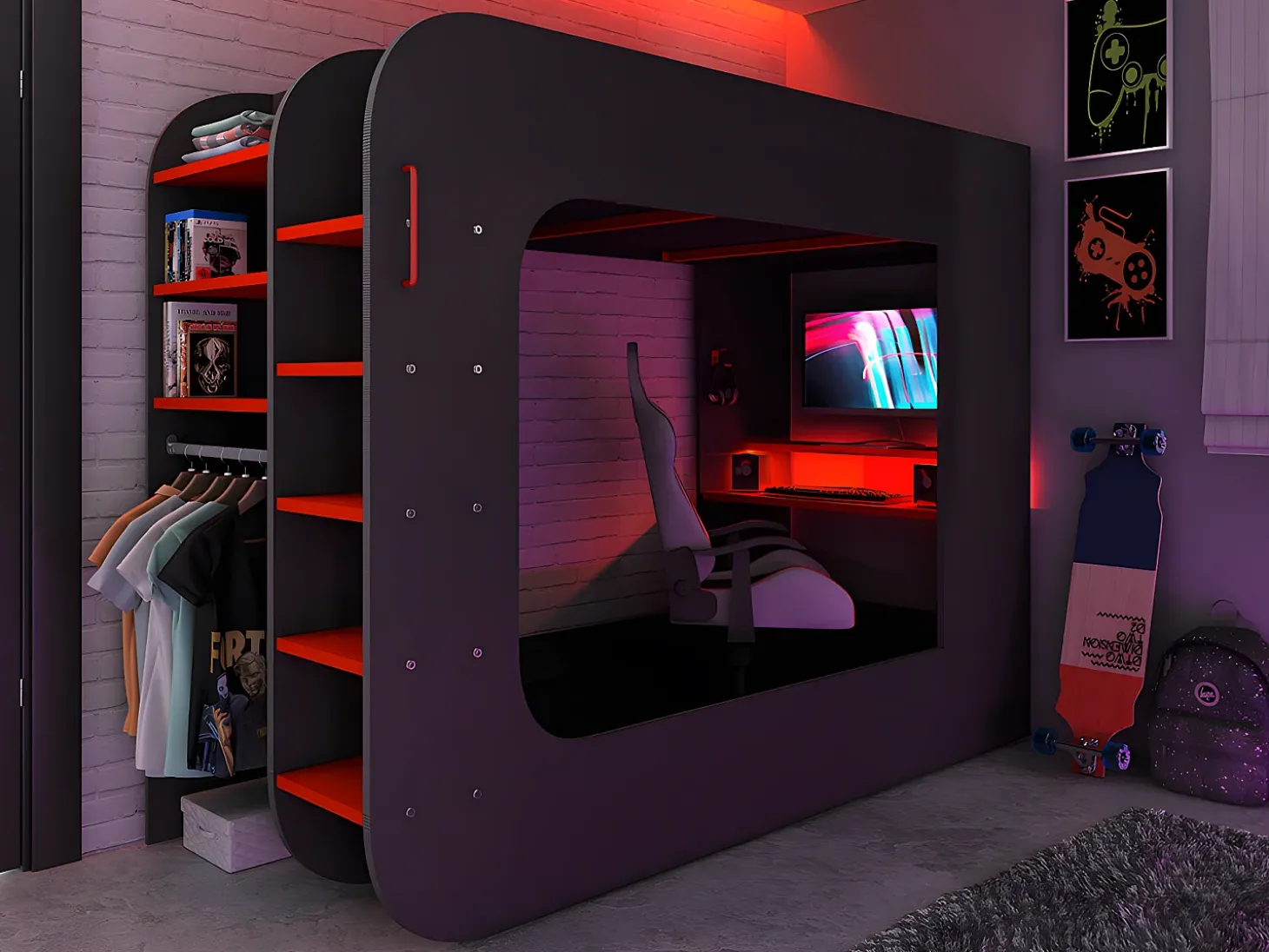 Cama alta gamer 90 x 200 cm com secretária LEDs antracite e vermelho com colchão WARRIOR