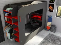 Cama alta gamer 90 x 200 cm com secretária LEDs antracite e vermelho com colchão WARRIOR