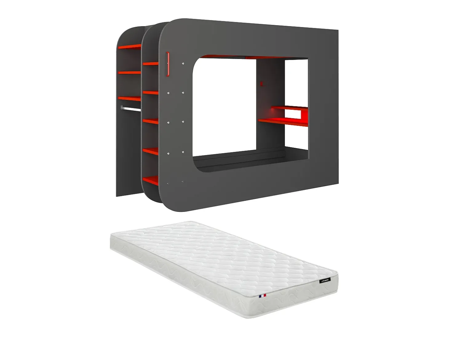 Cama alta gamer 90 x 200 cm com secretária LEDs antracite e vermelho com colchão WARRIOR