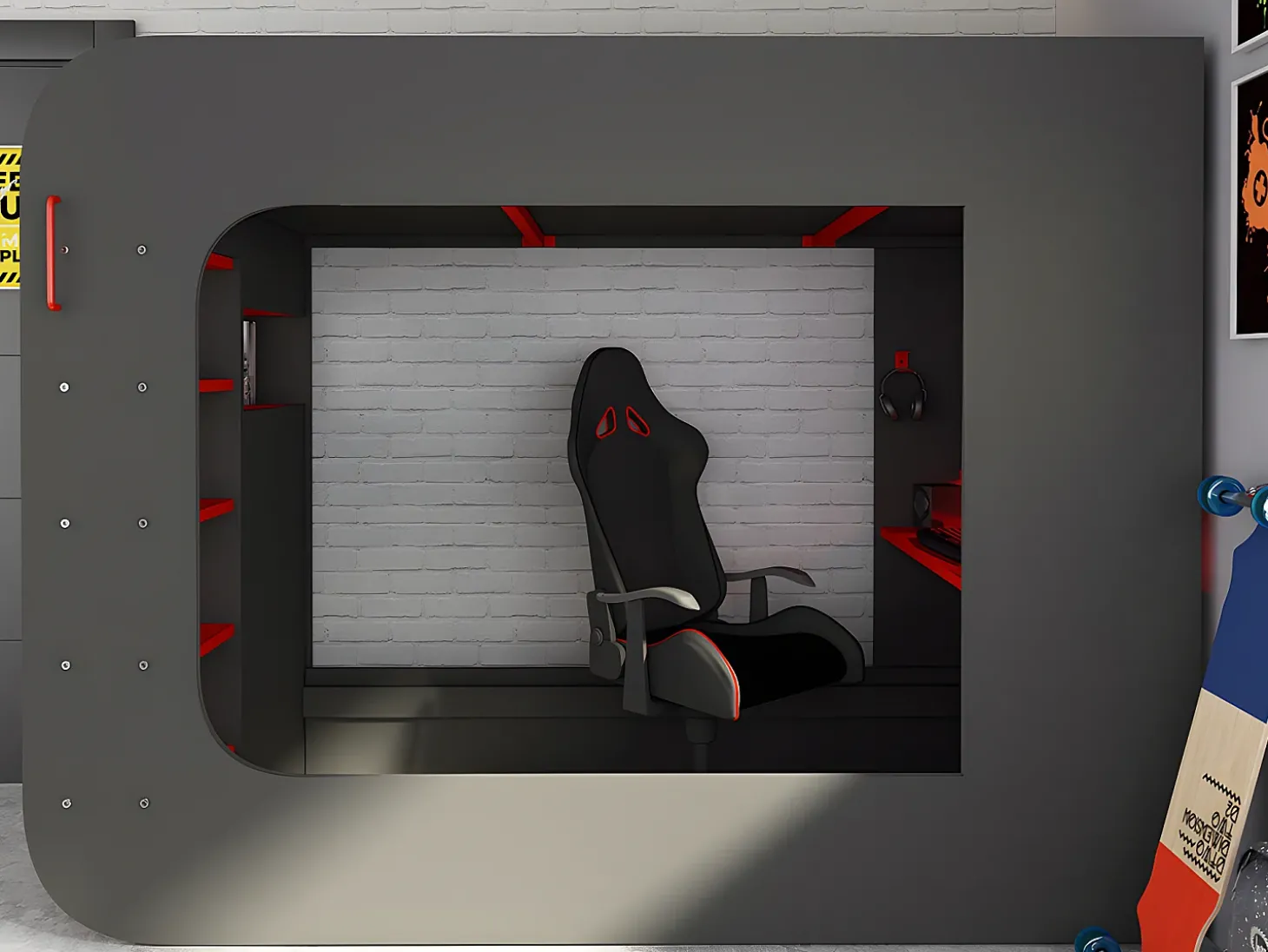 Cama alta gamer 90 x 200 cm com secretária LEDs antracite e vermelho com colchão WARRIOR