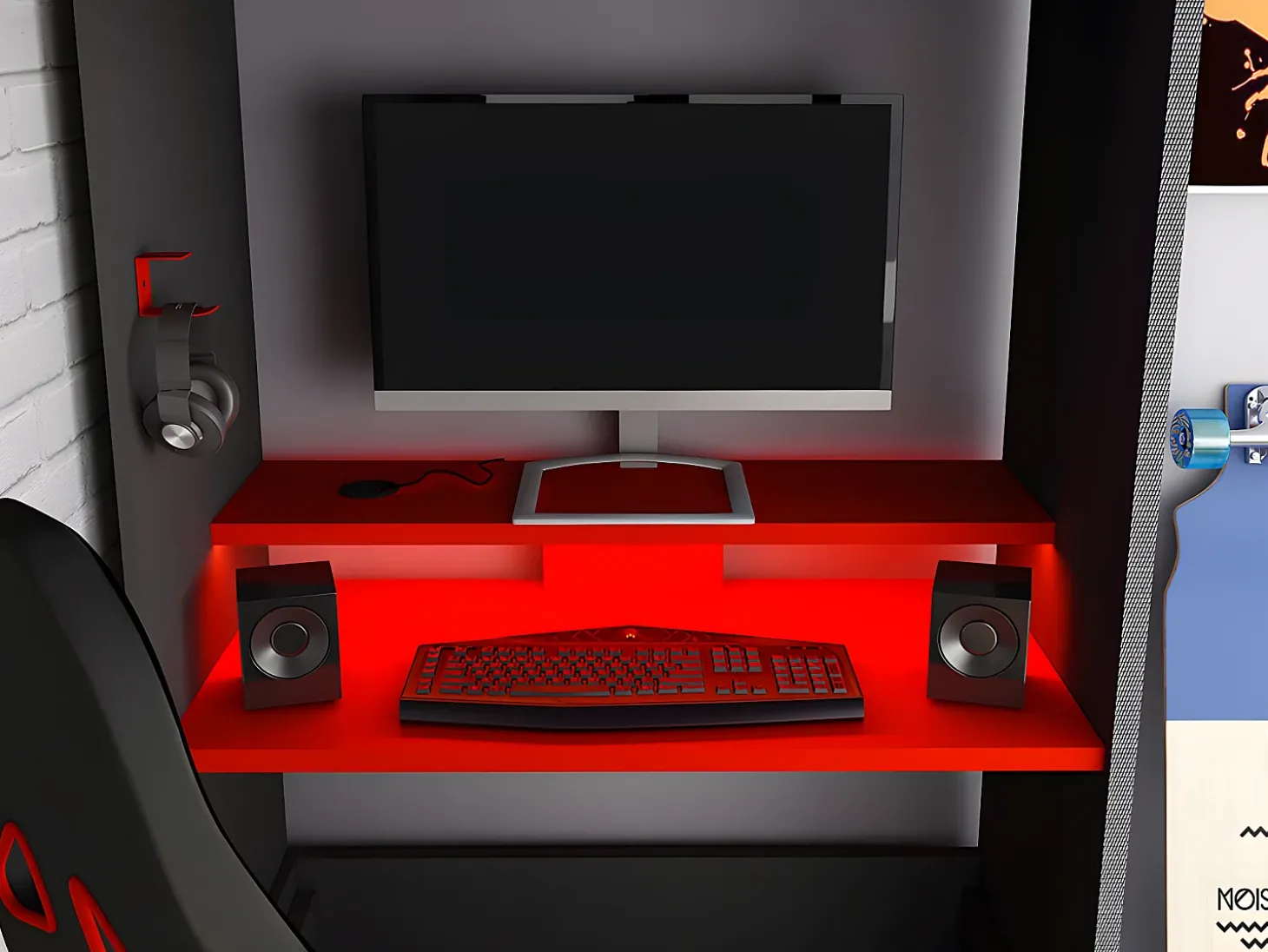 Cama alta gamer 90 x 200 cm com secretária LEDs antracite e vermelho com colchão WARRIOR