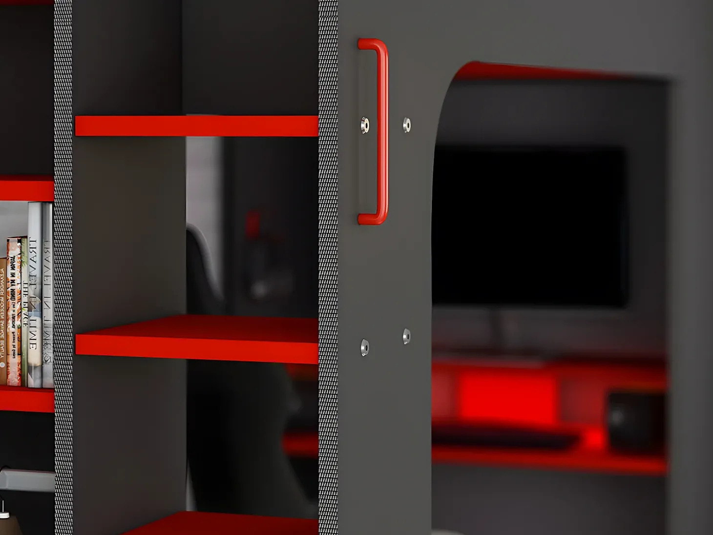 Cama alta gamer 90 x 200 cm com secretária LEDs antracite e vermelho com colchão WARRIOR