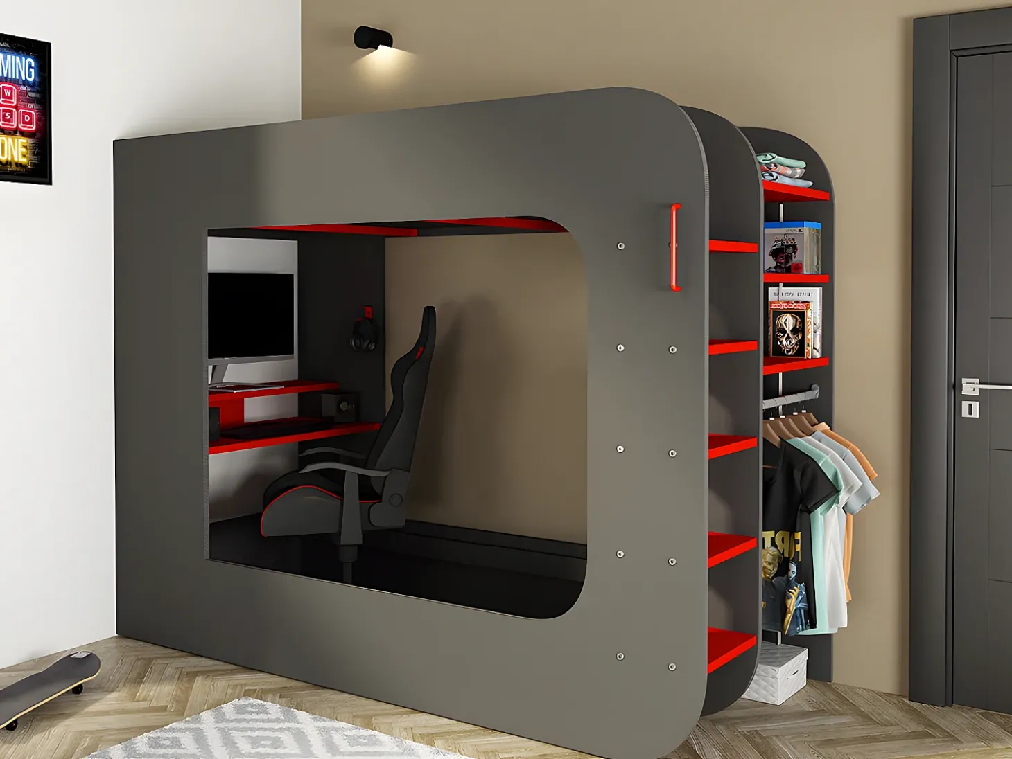 Cama alta gamer 90 x 200 cm com secretária LEDs antracite e vermelho com colchão WARRIOR