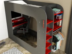 Cama alta gamer 90 x 200 cm com secretária LEDs antracite e vermelho com colchão WARRIOR