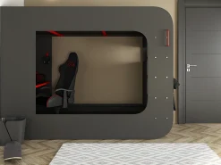 Cama alta gamer 90 x 200 cm com secretária LEDs antracite e vermelho com colchão WARRIOR