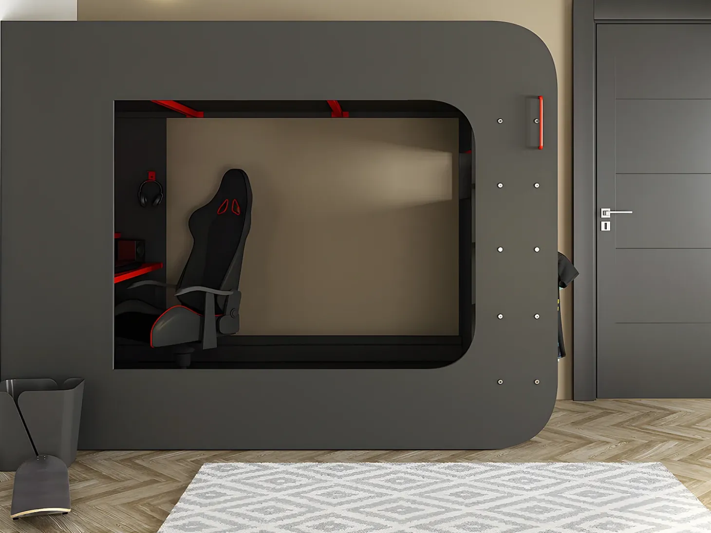 Cama alta gamer 90 x 200 cm com secretária LEDs antracite e vermelho com colchão WARRIOR
