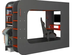 Cama alta gamer 90 x 200 cm com secretária LEDs antracite e vermelho com colchão WARRIOR