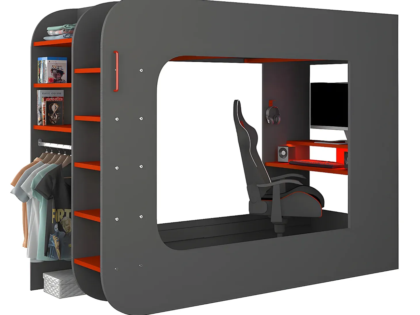 Cama alta gamer 90 x 200 cm com secretária LEDs antracite e vermelho com colchão WARRIOR