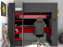 Cama alta gamer com secretária e espaços de arrumação 90x200 cm com LEDs cinza e vermelho NOAH