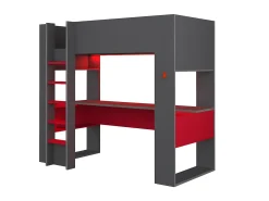 Cama alta gamer com secretária e espaços de arrumação 90x200 cm com LEDs cinza e vermelho NOAH