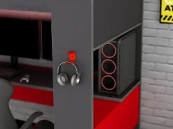 Cama alta gamer secretária e espaços de arrumação 90x200 cm LEDs cinza e vermelho com colchão NOAH