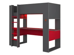 Cama alta gamer secretária e espaços de arrumação 90x200 cm LEDs cinza e vermelho com colchão NOAH
