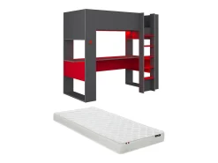 Cama alta gamer secretária e espaços de arrumação 90x200 cm LEDs cinza e vermelho com colchão NOAH
