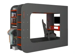 Cama alta gamer 90x200 cm secretária e espaços de arrumação LEDs antracite e vermelho WARRIOR