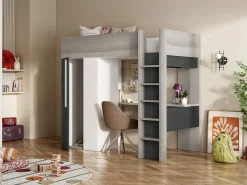 Cama alta guarda-roupa e secretária em 90 x 200 cm com colchão cinza, branco e preto NICOLAS II