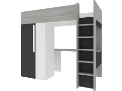 Cama alta guarda-roupa e secretária em 90 x 200 cm com colchão cinza, branco e preto NICOLAS II