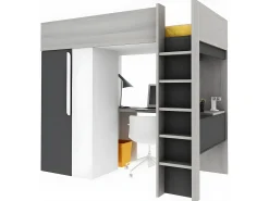 Cama alta guarda-roupa e secretária em 90 x 200 cm com colchão cinza, branco e preto NICOLAS II