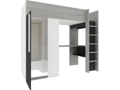 Cama alta guarda-roupa e secretária em 90 x 200 cm com colchão cinza, branco e preto NICOLAS II