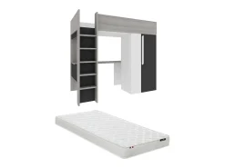 Cama alta guarda-roupa e secretária em 90 x 200 cm com colchão cinza, branco e preto NICOLAS II