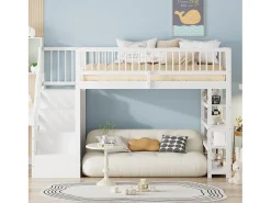 Cama alta infantil - 90 x 200 - com cerca + guarda-roupa + prateleiras de armazenamento - madeira - branco