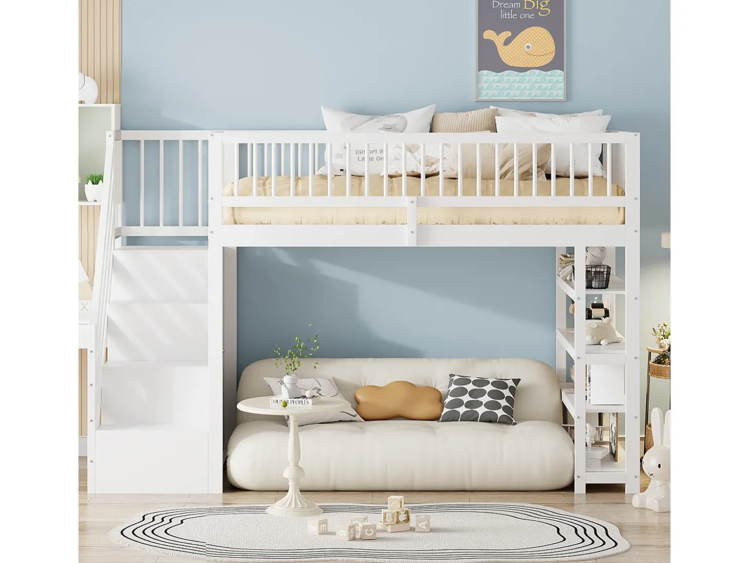 Cama alta infantil - 90 x 200 - com cerca + guarda-roupa + prateleiras de armazenamento - madeira - branco