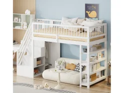 Cama alta infantil - 90 x 200 - com cerca + guarda-roupa + prateleiras de armazenamento - madeira - branco