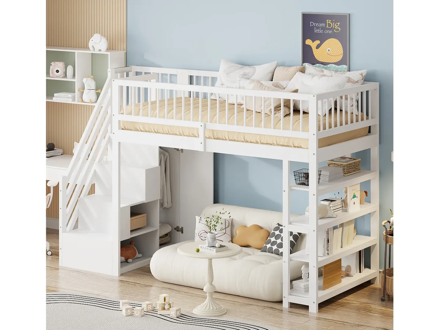 Cama alta infantil - 90 x 200 - com cerca + guarda-roupa + prateleiras de armazenamento - madeira - branco