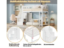 Cama alta infantil - 90 x 200 - com cerca + guarda-roupa + prateleiras de armazenamento - madeira - branco