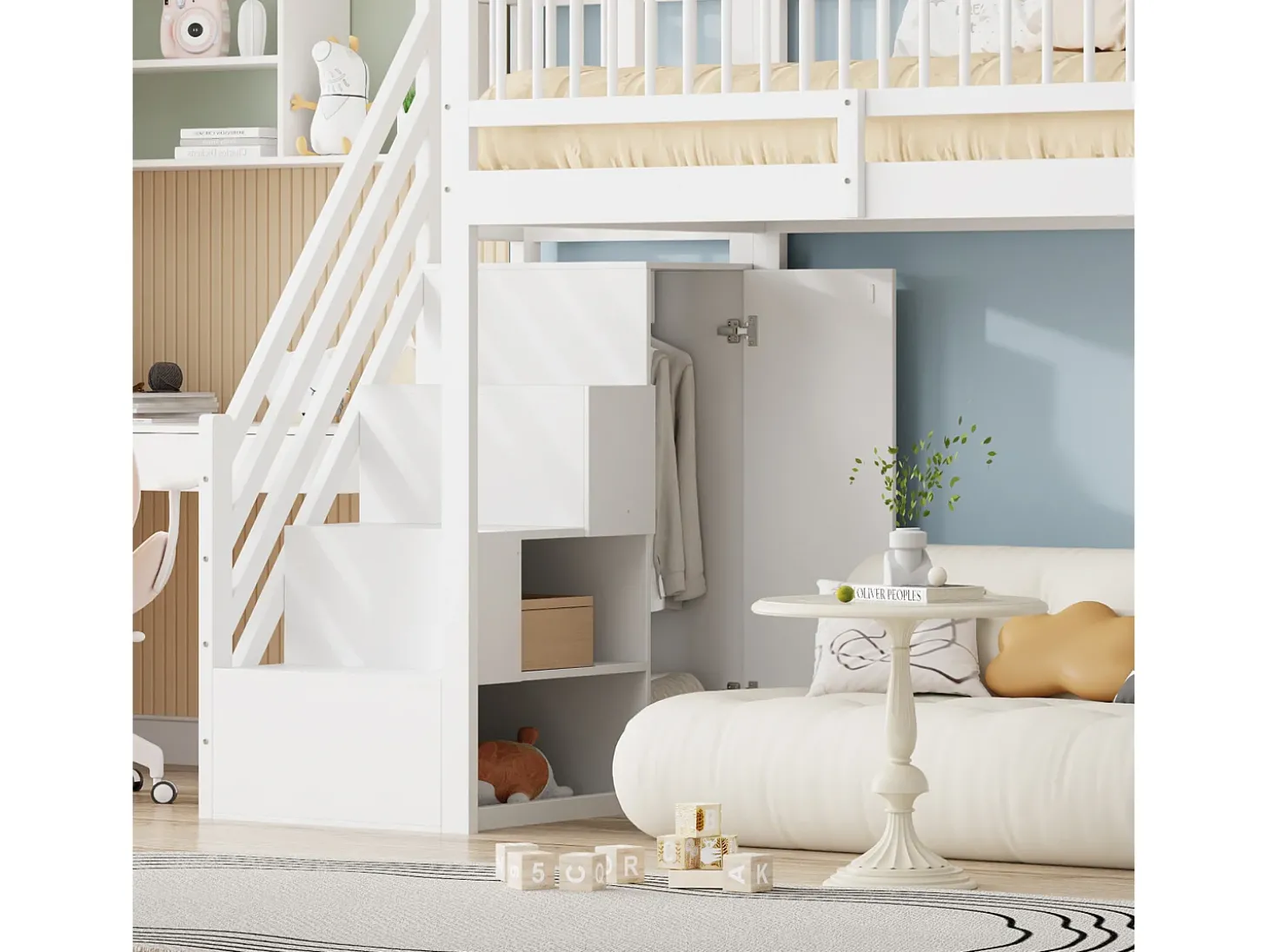 Cama alta infantil - 90 x 200 - com cerca + guarda-roupa + prateleiras de armazenamento - madeira - branco