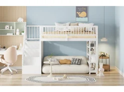 Cama alta infantil - 90 x 200 - com cerca + guarda-roupa + prateleiras de armazenamento - madeira - branco