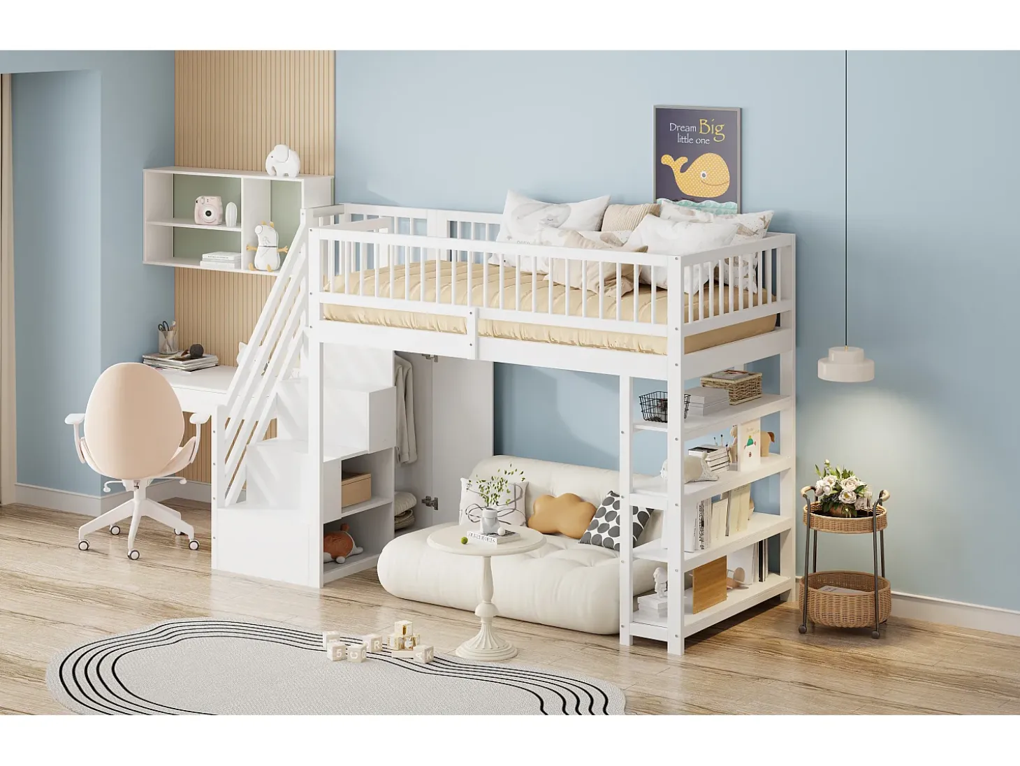 Cama alta infantil - 90 x 200 - com cerca + guarda-roupa + prateleiras de armazenamento - madeira - branco