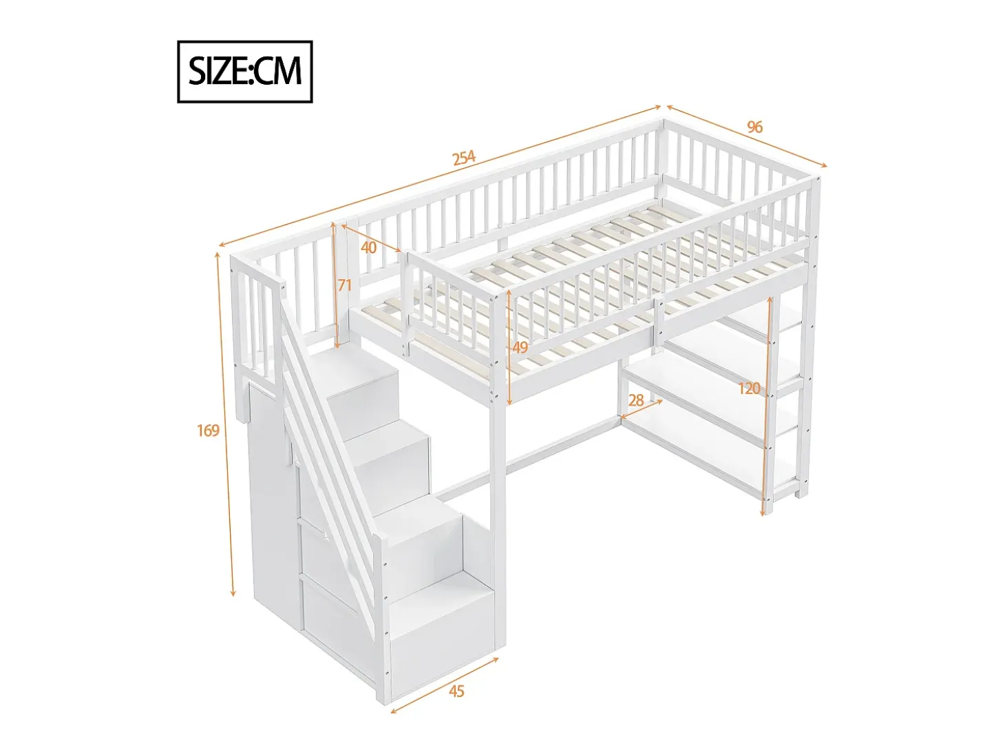 Cama alta infantil - 90 x 200 - com cerca + guarda-roupa + prateleiras de armazenamento - madeira - branco