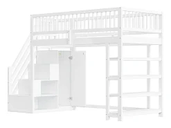 Cama alta infantil - 90 x 200 - com cerca + guarda-roupa + prateleiras de armazenamento - madeira - branco