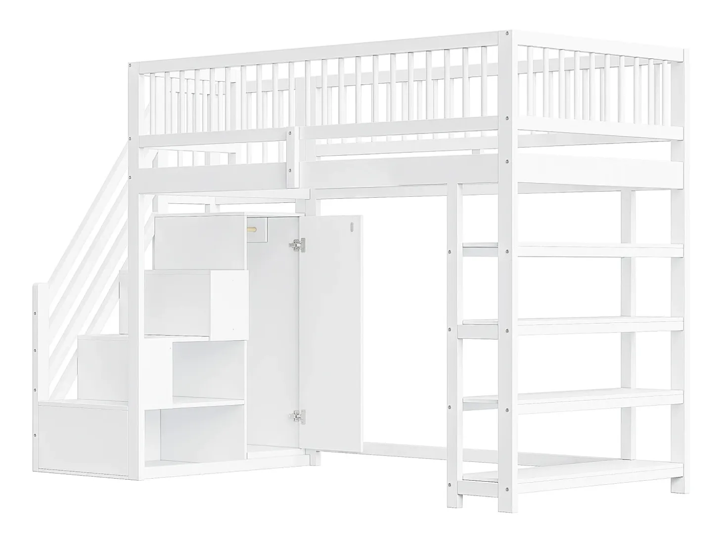 Cama alta infantil - 90 x 200 - com cerca + guarda-roupa + prateleiras de armazenamento - madeira - branco