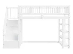 Cama alta infantil - 90 x 200 - com cerca + guarda-roupa + prateleiras de armazenamento - madeira - branco