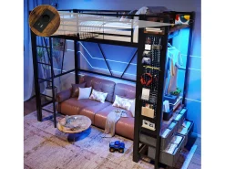 Cama alta infantil - 90 x 200 cm - estrutura de ferro - com prateleiras + 4 gavetas + LEDs - metal - preto